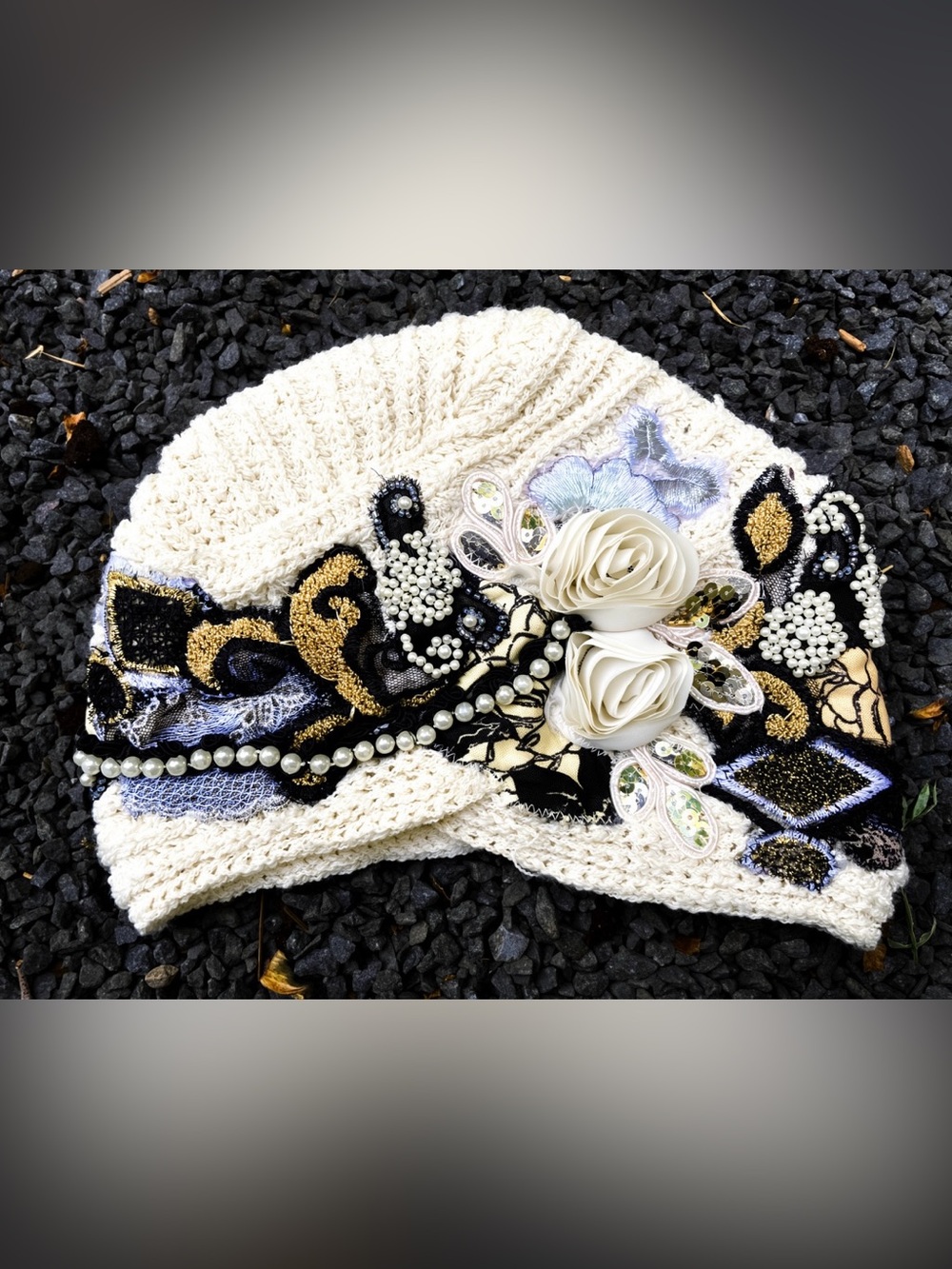One of a kind Cream Knit Beanie Hat with Pearls and Floral Appliqués